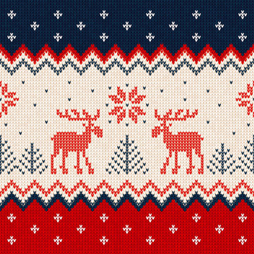 Ugly Sweater Merry Christmas And Happy New Year Greeting Card Frame Border Template. Vector Illustration Seamless Knitted Background Pattern Deers Scandinavian Ornaments.. White, Red, Blue Colors.