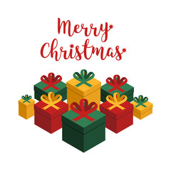 Colorful festive vector card with gifts and congratulatory text Merry Christmas. Set of boxes with gifts Isolated from white background in Isometric