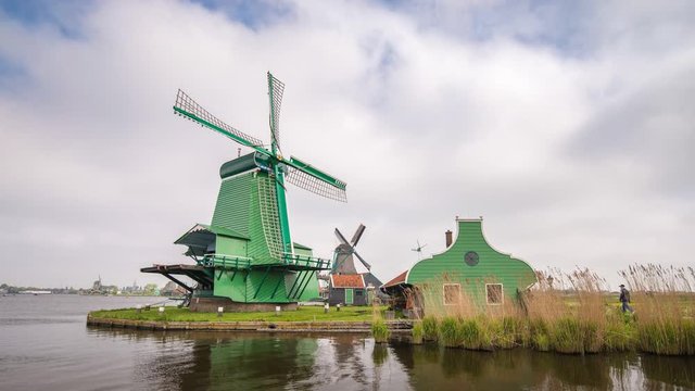 Windmill timelapse at Zaanse Schans Village near Amsterdam, Netherlands 4K Time Lapse