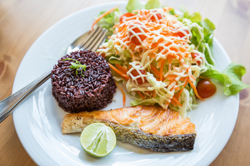 Healthy Food, Riceberry with Salmon. Appetizing.