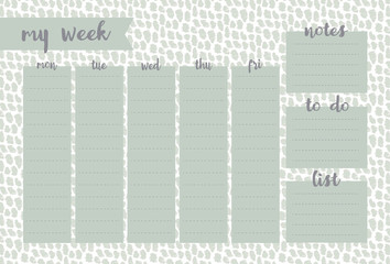 Weekly planner with mint animal print, stationery organizer for daily plans, animal print vector weekly planner template, schedules