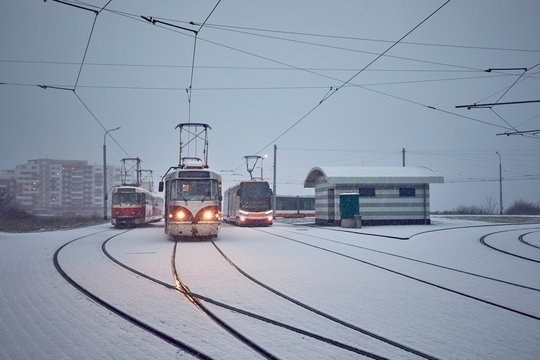 Trams in heavy snowfall