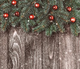 Christmas decorations on dark wooden background. Holiday decorations. Christmas background with copy space