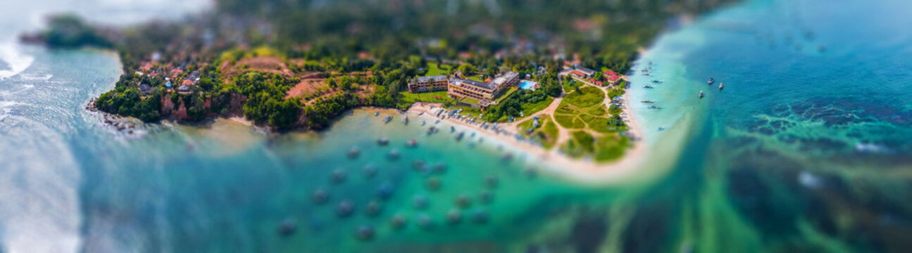 Aerial Panorama Of The South Coast Of Sri Lanka, Area Near The Town Of Weligama. Tilt Shift Effect