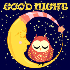 Good night card with sleeping moon and cute owl. Vector illustration