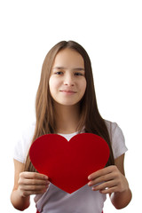 A young girl in a white shirt and red skirt holding a heart