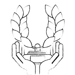 hands with trophy wreath leafs crown award vector illustration design
