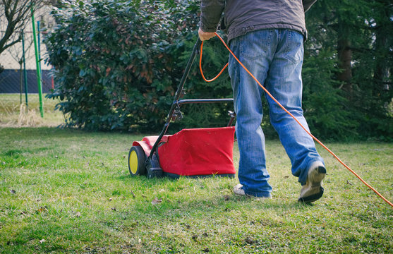 Man with verticutter in the garden, gardener verticutting the lawn at spring, electric lawn raker