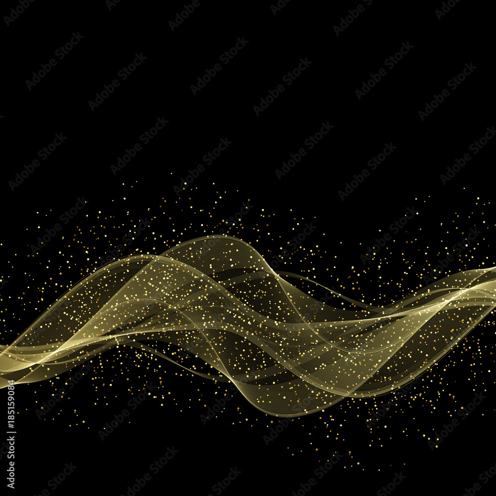 Poster abstract shiny color gold wave design element with glitter effect on dark background.