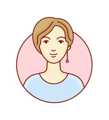 Female portrait. Avatar woman in a circle on a white background. Linear Art. Vector illustration