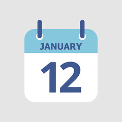Flat icon calendar 12th of January isolated on gray background. Vector illustration.