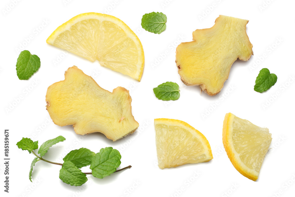 Poster healthy background. sliced ginger and lemon isolated on white background top view