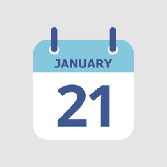 Flat icon calendar 21st of January isolated on gray background. Vector illustration.