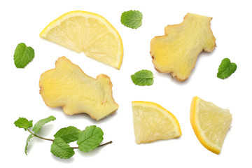 healthy background. sliced ginger and lemon isolated on white background top view
