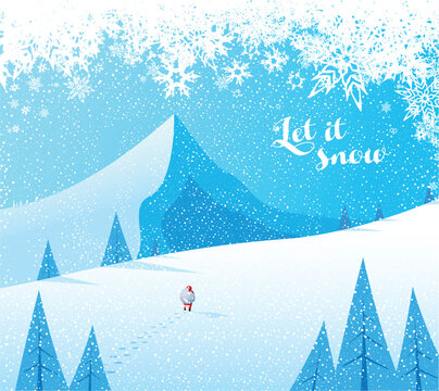 Winter mountain landscape scenery with Santa Claus and Merry Christmas text with pine trees and stars.