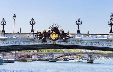 Papier Peint photo Pont Alexandre III Sculptures on the Alexander III Bridge in Paris, France. View from the water
