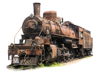 Old rusty steam locomotive on white background