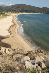 Panoramic view of Sykia Beach at Sithonia peninsula, Chalkidiki, Central Macedonia, Greece