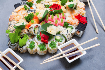 set of real classic Japanese sushi. on a wooden surface