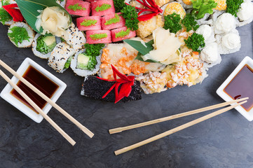 set of real classic Japanese sushi. on a wooden surface