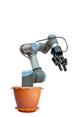 Industrial robotics in a potted plant With the concept of a future industrial robotic can grow like a crop, isolated on white background, smart technology
