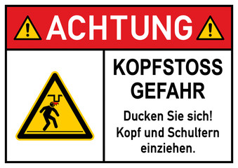 ks265 Kombi-Schild - deutsch: Gefahrenzeichen: Achtung - Kopfstoss Gefahr - Ducken Sie sich! - Kopf und Schultern einziehen - Kopfstoßgefahr - Plakat - DIN A3 A4 - Poster xxl g5734