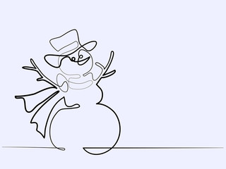 Continuous line different width drawing. Christmas winter Snowman in scarf. Vector illustration