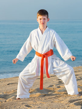Boy doing karate at ocean quay