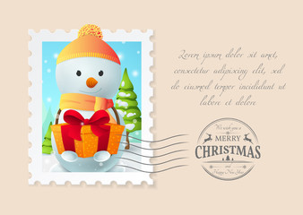 Holiday postcard with a postage stamp with cartoon Snowman, a gift box and trees. Seal stamp with title 