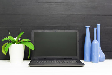 Fototapeta premium Laptop on white wooden desk between plant and three blue bottles. Workplase on white background.