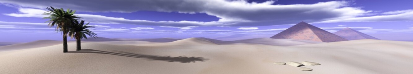 pyramids with palm trees in the desert under the sky with clouds
