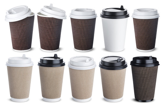 Different paper coffee cup isolated on white background. Mock up