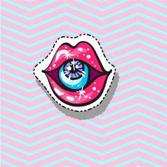 Lips with eye inside Fashion patch badge pin sticker pop art style illustration