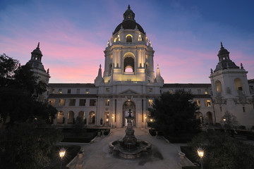 The Pasadena City Hall against a beautiful twilight sky.