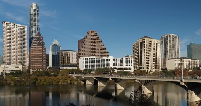 A daytime, sunny exterior static establishing shot of the Austin, Texas skyline on an early winter afternoon.  	