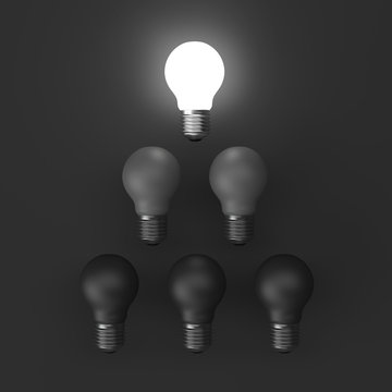 3D illustration Idea Design Concept, Brightness Bulb on black.