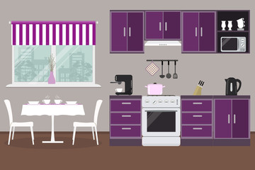 Kitchen in a purple color. There are kitchen cabinets, a stove, a coffee machine, a kettle, a table with chairs, a window and other objects in the picture. Vector flat illustration