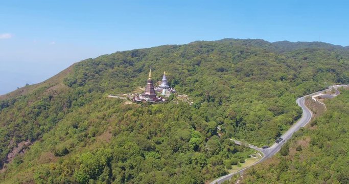 CHIANG MAI, THAILAND, MARCH 2017: Aerial view over King's and Queen's Chedi, Phra Mahathat Naphamethanidon, in Doi Inthanon Natinonal Park. Situated on the tallest mountain in Thailand.