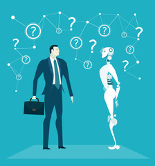 Two robots meeting, representing artificial intellect controlling, making decisions and generating ideas.