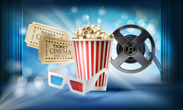 Cinema blue background. Concept 3d vector illustration with objects of film industry bucket with popcorn, glasses, movie tickets, reel, stage, curtain. Design template for poster, ad, banner