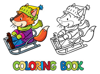 Funny fox rides on sleigh or sled. Coloring book