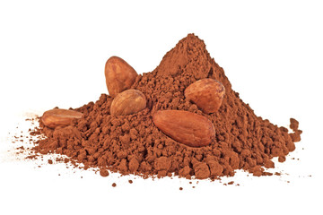 Cacao beans and powder isolated on white background