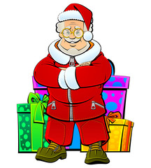 Santa Claus with gifts in bright boxes.