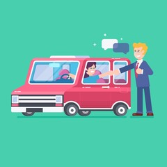 Car on a tray.Buy or rental car concept with flat icons. Car loan vector illustration