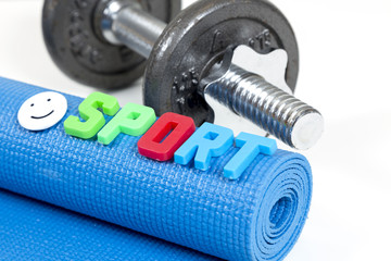 Fitness accessories, Blue sport yoga  equipment, dumbbells glass of water