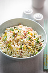 Nasi goring rice. Indonesian style fried rice with pork, egg and leek 