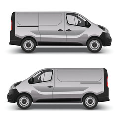Vector realistic gray delivery minivan, city minibus right and left side view, with shadow, isolated on white background. Template, mock up of a minivan for brand design, corporate transport