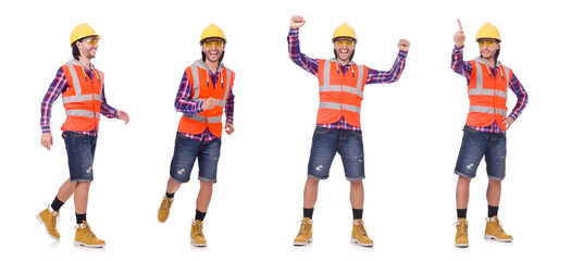 Obraz premium Walking young construction worker isolated on white