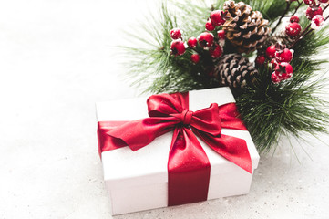 Fototapeta na wymiar Gift box or present box with red ribbon bow