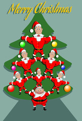 Санта Клаусы построили живую пирамиду в виде новогодней елки, векторная иллюстрация